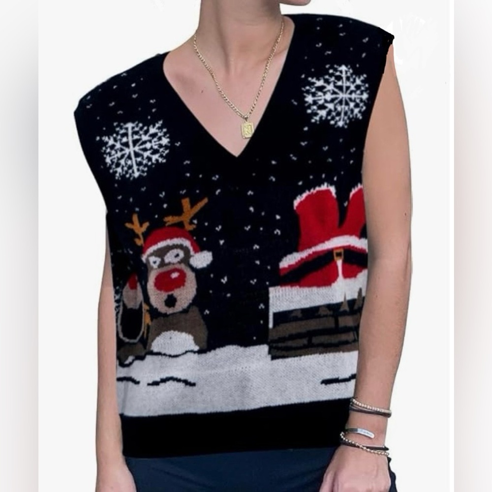 Festive Ugly Christmas Sweater Vest, V-neck Santa Reindeer Snowflakes. Size XXL